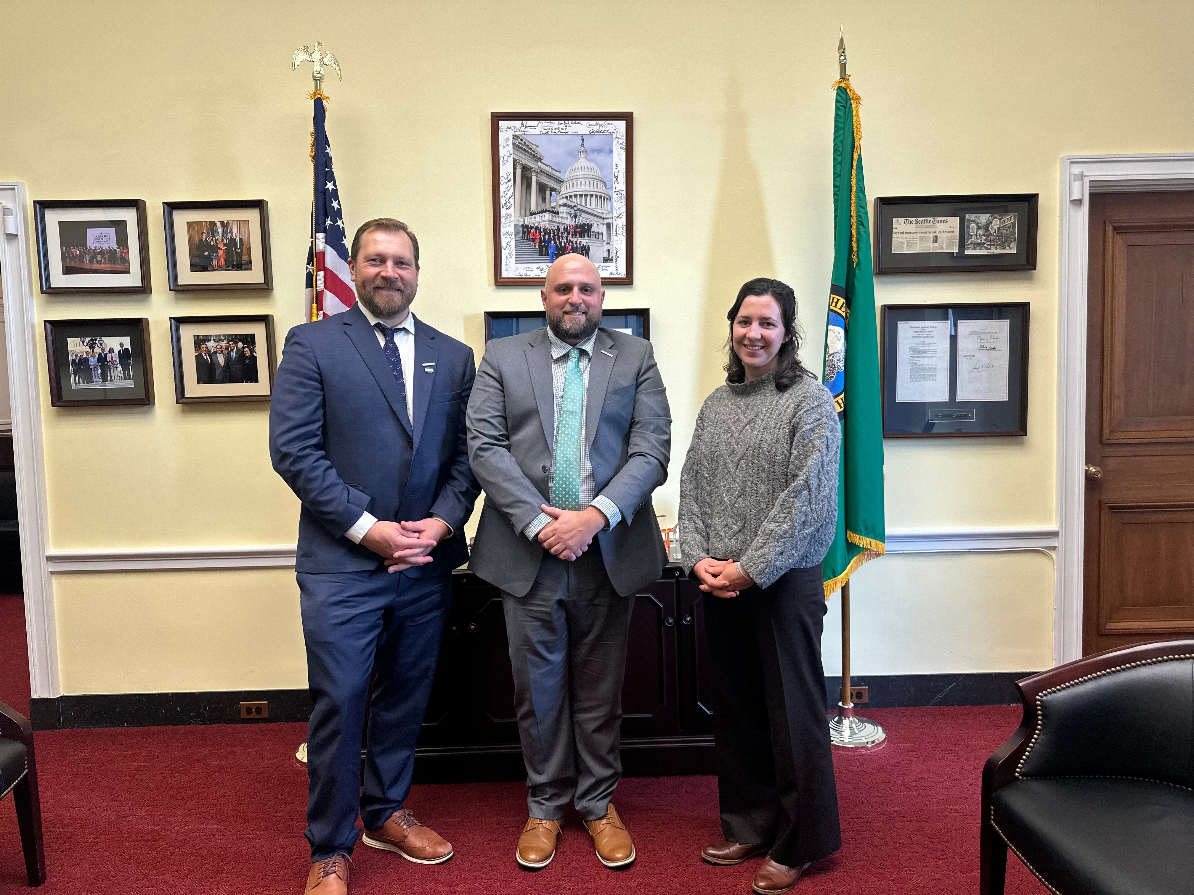 Peter Steelquist and Conor Marshall with The Mountaneers with Representative Jayapal staff Serena Larkin