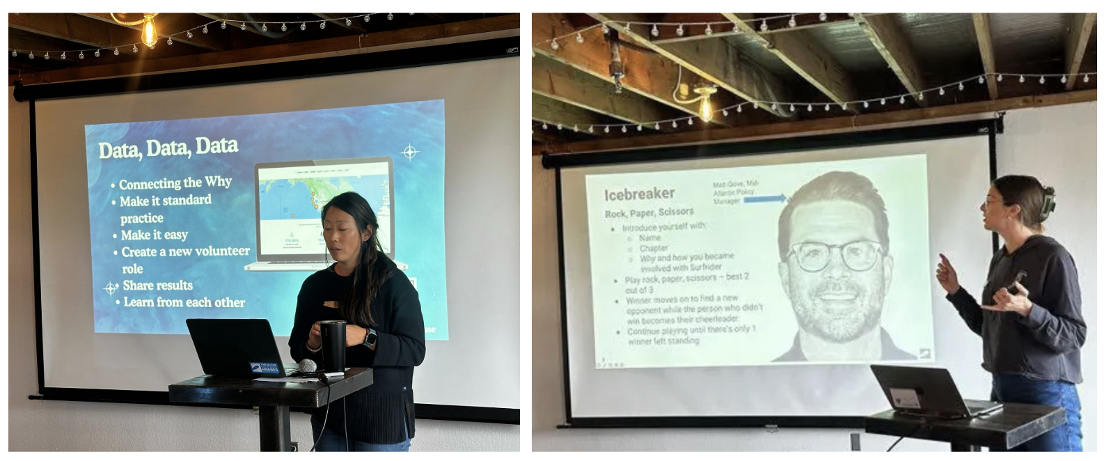 Two images of staff presenting about different Surfrider programs