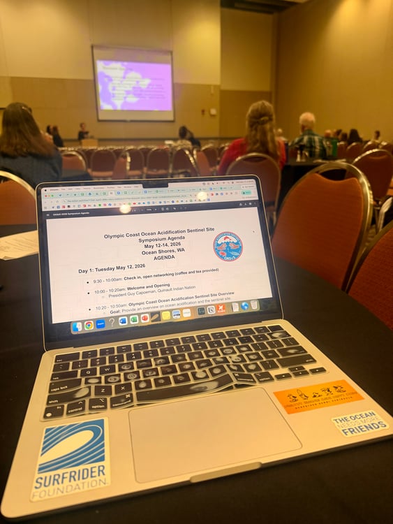 A laptop with Sufrider stickers and OASeS agenda in the foreground with an ocean acidification presentation in the background