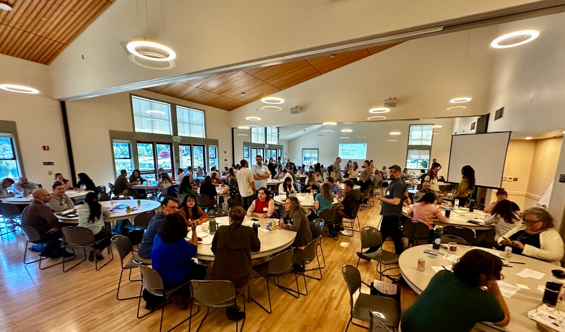 An image of an auditorium full of people sitting around tables