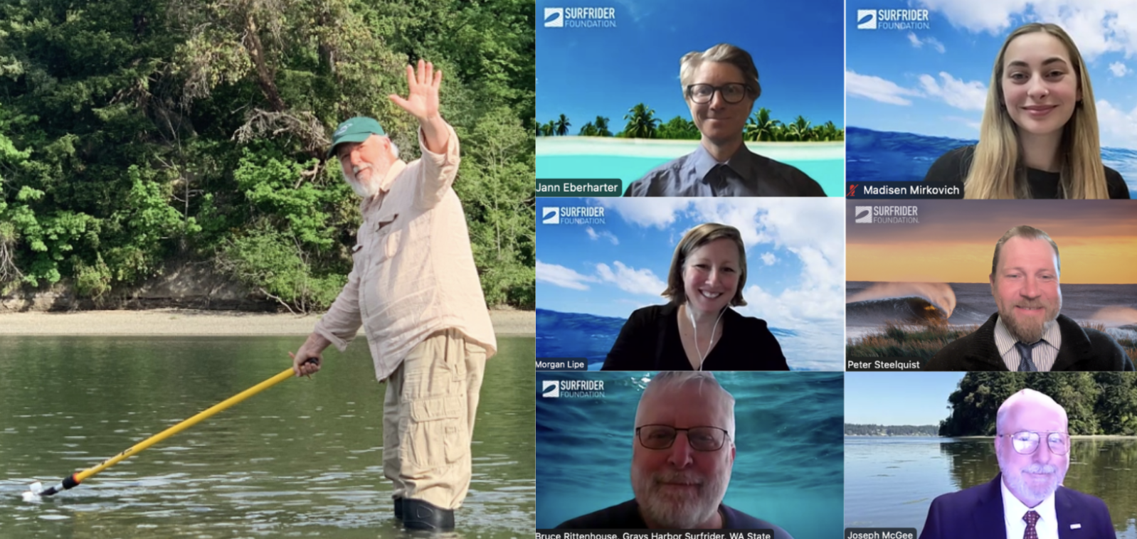 An image of Joe in boots collecting a sample, next to a Zoom screenshot of him in suit and tie with the WA delegation of 6 volunteers during virtual Hill Days