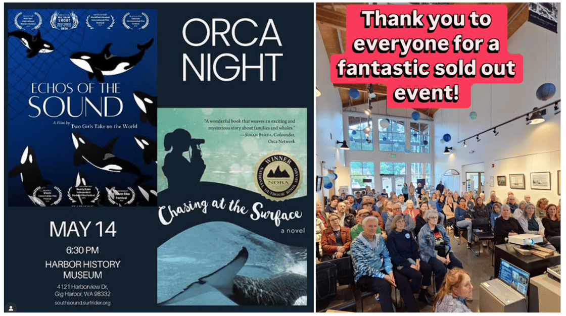 An orca-filled poster advertising orca night and the film Echos of the Sound with a picture of the crowd at movie night and the words "thank you to everyone for a fantastic sold out event"