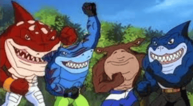 4 cartoon sharks with legs celebrating