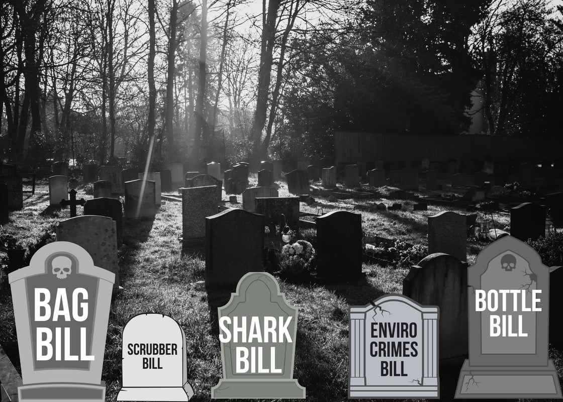 A black and white image of a graveyard with 6 cartoon tombstones marking washington state bills that died during legislative session