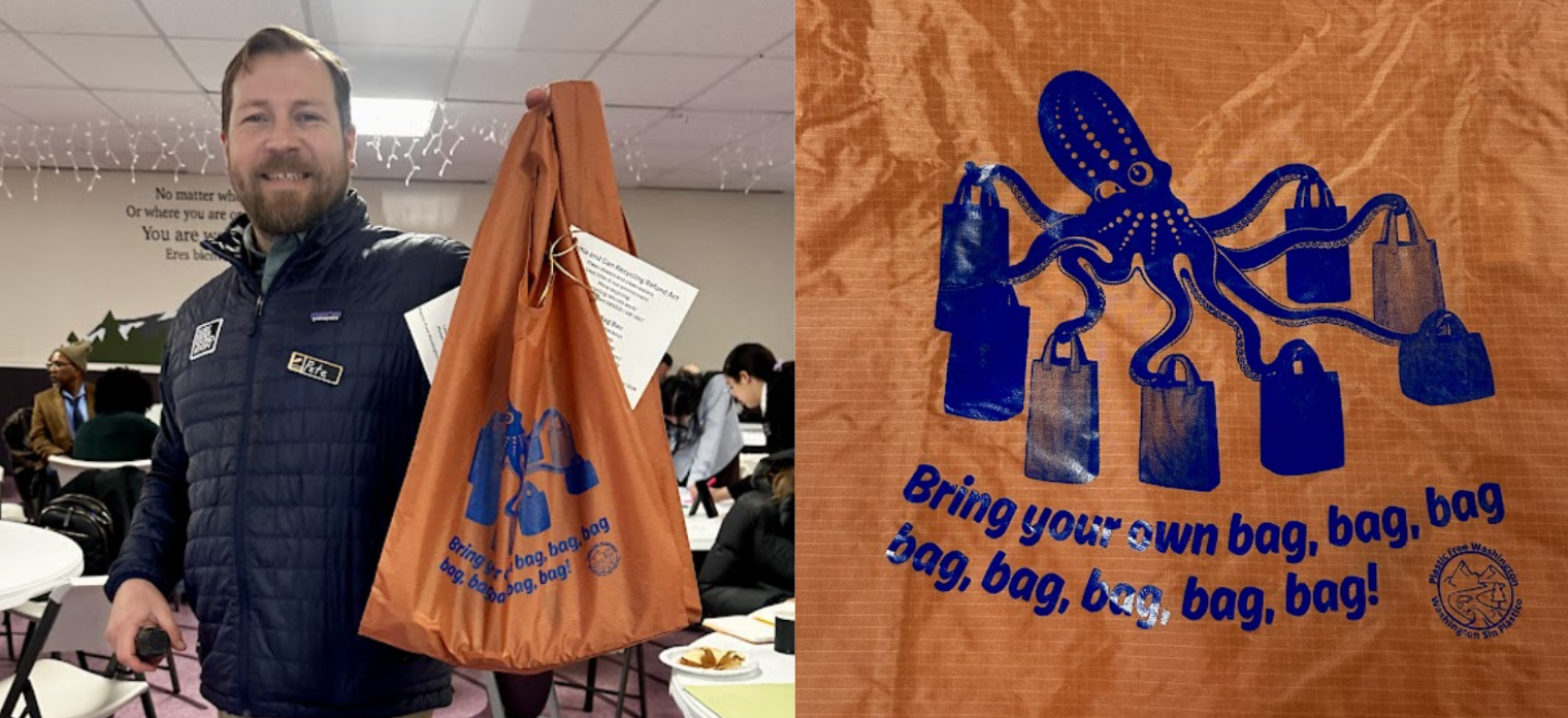 Our plastic free lobby day bag that shows an octopus holding 8 reusable bags and a picture of Pete holding one