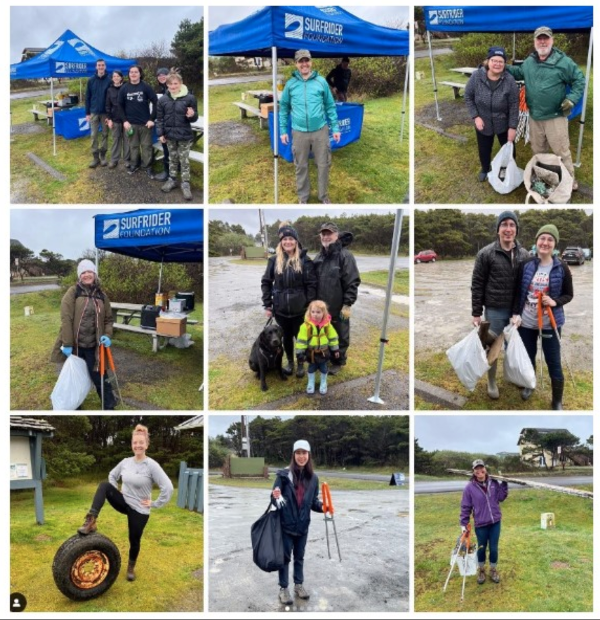 A collage of volunteers posing with debris they've collected at a beach cleanup 