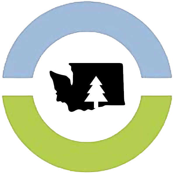 Outdoor alliance logo - a circle of blue on top, green on the bottom, with the shape of washington in the middle with a pine tree cut out 