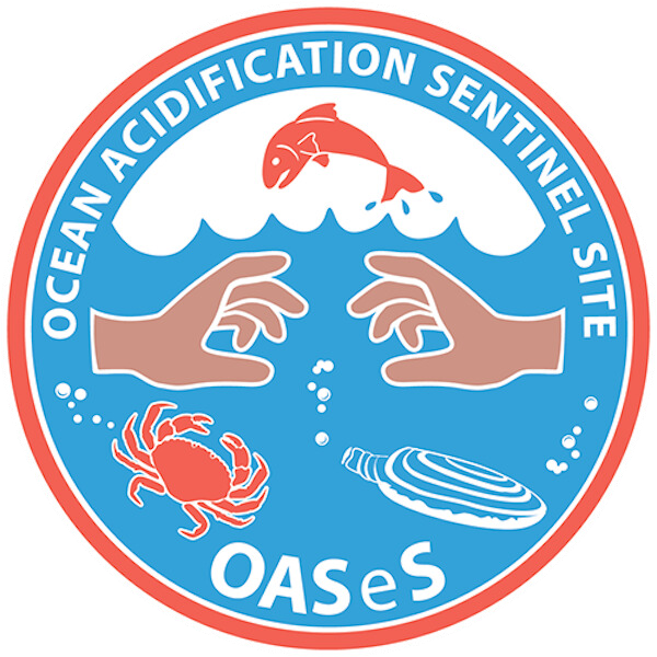 OASeS Logo - two hands facing ech other, with a razor clam, dungeness crrab, and salmon jumping 